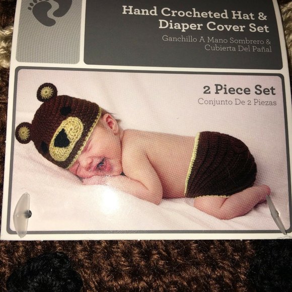 Hand Crocheted Hat And Diaper Cover Bear Sz 0-9 Months Brown Infant Baby Photo - Picture 8 of 12